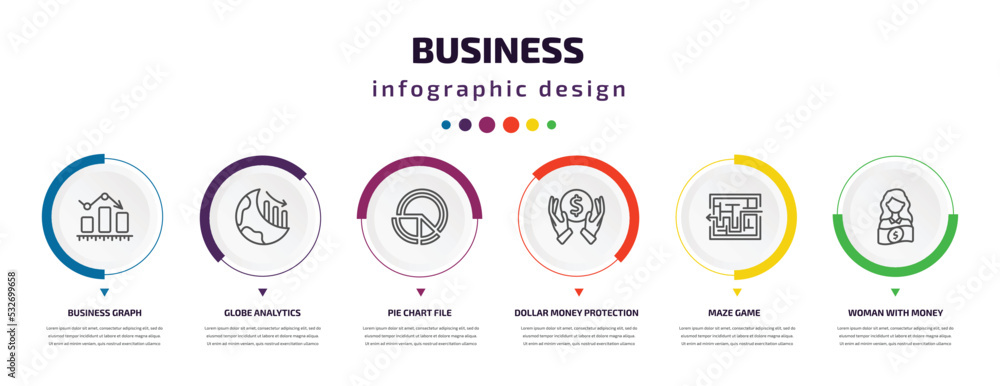 Naklejka premium business infographic element with icons and 6 step or option. business icons such as business graph, globe analytics, pie chart file, dollar money protection, maze game, woman with money vector. can
