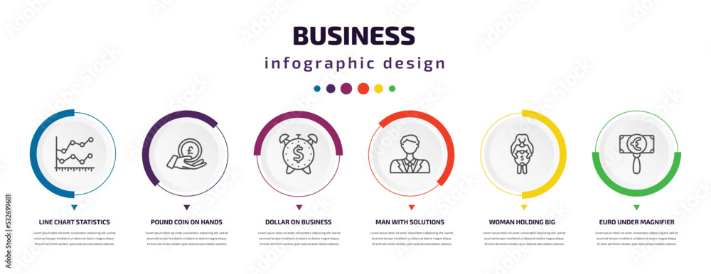 business infographic element with icons and 6 step or option. business icons such as line chart statistics, pound coin on hands, dollar on business time, man with solutions, woman holding big coin, business infographic element with icons and 6 step or option. business icons such as line chart statistics, pound coin on hands, dollar on business time, man with solutions, woman holding big coin,