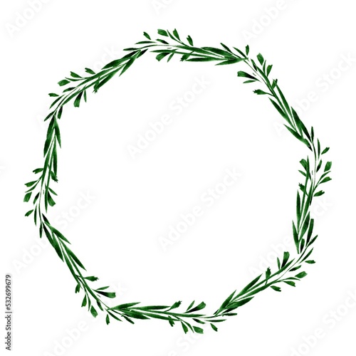 Watercolor greenery branches frame. Floral wreath template on white background.