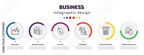 business infographic element with icons and 6 step or option. business icons such as spike chart, one dollar coins, sale tag, rearrange, calculator maths tool, woman with dollar bill vector. can be