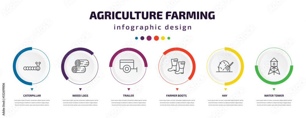 agriculture farming infographic element with icons and 6 step or option. agriculture farming icons such as caterpillar, wood logs, trailer, farmer boots, hay, water tower vector. can be used for agriculture farming infographic element with icons and 6 step or option. agriculture farming icons such as caterpillar, wood logs, trailer, farmer boots, hay, water tower vector. can be used for