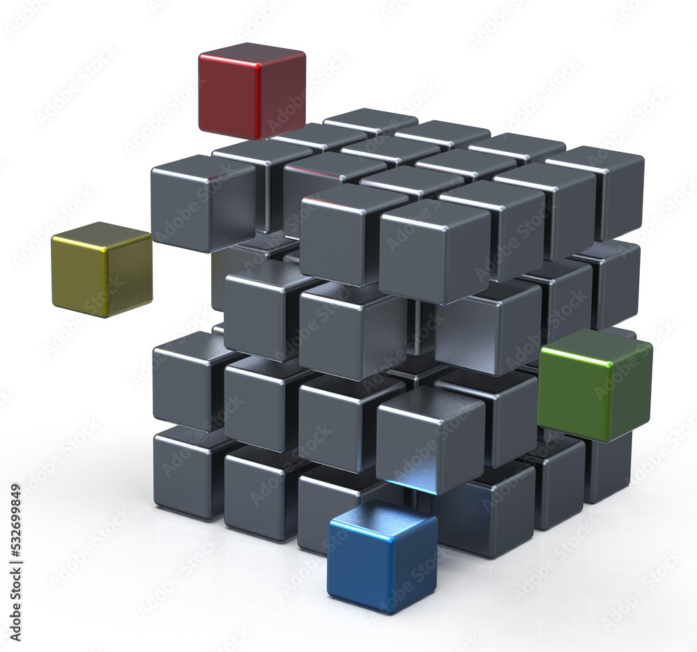 decision matrix - organisation matrix matte steel cubes and moved out different blue green red and yellow cubes 3D rendering isolated slight reflection decision matrix - organisation matrix matte steel cubes and moved out different blue green red and yellow cubes 3D rendering isolated slight reflection