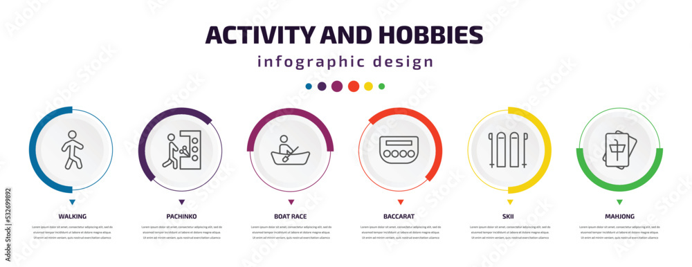 activity and hobbies infographic element with icons and 6 step or option. activity and hobbies icons such as walking, pachinko, boat race, baccarat, skii, mahjong vector. can be used for banner,
