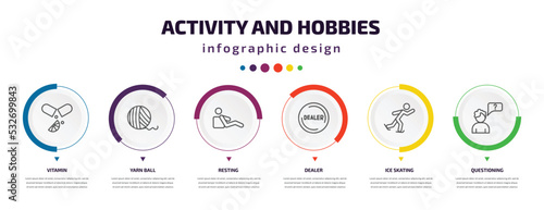 activity and hobbies infographic element with icons and 6 step or option. activity and hobbies icons such as vitamin, yarn ball, resting, dealer, ice skating, questioning vector. can be used for