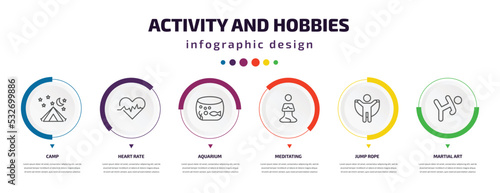 activity and hobbies infographic element with icons and 6 step or option. activity and hobbies icons such as camp, heart rate, aquarium, meditating, jump rope, martial art vector. can be used for