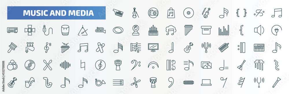 special lineal music and media icons set. outline icons such as keytar, dvd disc, eighth note, music triangle, low volume speaker, television screen off, minim, jazz, bold double bar line, half rest special lineal music and media icons set. outline icons such as keytar, dvd disc, eighth note, music triangle, low volume speaker, television screen off, minim, jazz, bold double bar line, half rest