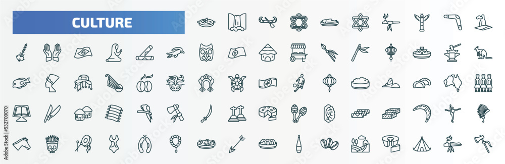 special lineal culture icons set. outline icons such as crema catalana, imperial carp, pico cao, spring rolls, blacksmith, ruble, turron, native american skull, fabada, tuscany line icons. - obrazy, fototapety, plakaty 