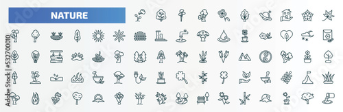 special lineal nature icons set. outline icons such as watering plant, floral decorations, autumn leaves, sun flare, night snow, palm islands, therapy, fire flame, leafless tree, bamboo branches