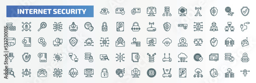 special lineal internet security icons set. outline icons such as rotate camera, proxy server, antivirus, virtual private network, local network, network adminstrator, traffic encryption, padlock,