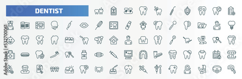 Fototapeta Naklejka Na Ścianę i Meble -  special lineal dentist icons set. outline icons such as toothache, sealants, medical list, periodontal scaler, sick boy, healthy boy, broken tooth, dental plaque, clean tooth, shiny tooth line