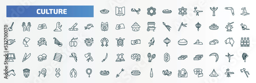 special lineal culture icons set. outline icons such as crema catalana, imperial carp, pico cao, spring rolls, blacksmith, ruble, turron, native american skull, fabada, tuscany line icons.