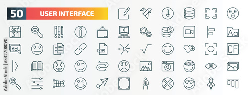 set of 50 special lineal user interface icons. outline icons such as compose, shocked smile, blackboard with, object alignment, images interface, add to favorite, insolent, video in browser,