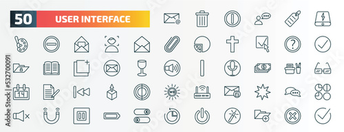 set of 50 special lineal user interface icons. outline icons such as email evelope, power bank, email opened envelope, round help button, email envelope button, dollar bills stack, backward track,