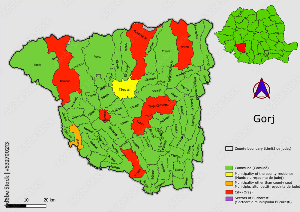Vector map of the administrative divisions of Gorj county with communes