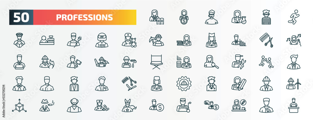 set of 50 special lineal professions icons. outline icons such as teacher, athlete, pediatrician, hairdresser, carpenter, plumber, butler, doctor, mafia, welder line icons. set of 50 special lineal professions icons. outline icons such as teacher, athlete, pediatrician, hairdresser, carpenter, plumber, butler, doctor, mafia, welder line icons.