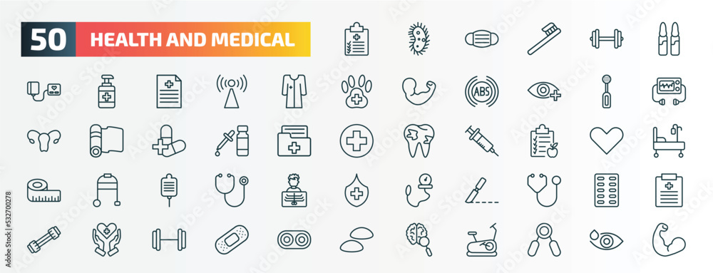 set of 50 special lineal health and medical icons. outline icons such as medical checklist, ampoule, patient robe, electric toothbrush, serum, nutrition, salt, surgery, health care, neurology line set of 50 special lineal health and medical icons. outline icons such as medical checklist, ampoule, patient robe, electric toothbrush, serum, nutrition, salt, surgery, health care, neurology line