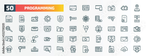 set of 50 special lineal programming icons. outline icons such as code terminal, developer, encryption, js, bug report, command, seo consulting, app, advertising, seo report line icons.