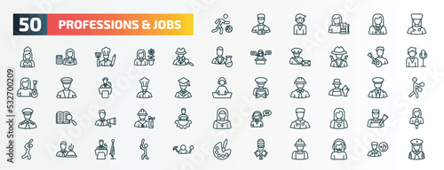 set of 50 special lineal professions & jobs icons. outline icons such as basketball player, physician assistant, detective, musician, chef, fisherman, marketing manager, surgeon, waiter, lumberjack