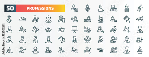 set of 50 special lineal professions icons. outline icons such as teacher, athlete, pediatrician, hairdresser, carpenter, plumber, butler, doctor, mafia, welder line icons.