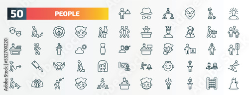 set of 50 special lineal people icons. outline icons such as cooker with tray, man with idea, sculptor working, carpenter working, weathercaster, radiologist working, heart in hands, baby smile,