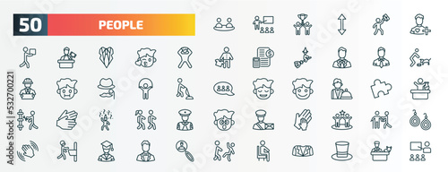 set of 50 special lineal people icons. outline icons such as relations, patien, pulling hair, ceo man, playing with a rope, waiter working, man partying, hand of an adult, man shaving, sit down line