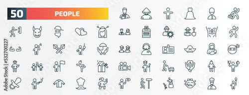 set of 50 special lineal people icons. outline icons such as tumb up business man, businessman dancing, japanese geisha, torso, ticket collector, pirate head, man holding a flag, person mowing the