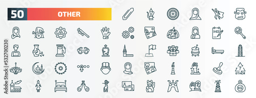 set of 50 special lineal other icons. outline icons such as office clip, monster, grooming glove, paper list and a pencil, vintage eyeglasses, caudron, saw blade, smeaton's tower, japanese demon,