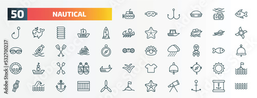 set of 50 special lineal nautical icons. outline icons such as submarine facing right, fish, one suroard, speed boat, yatch, skull and bones, double paddle, big bell, sea, big starfish line icons.