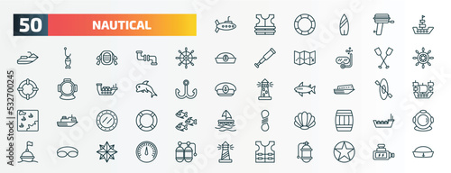 set of 50 special lineal nautical icons. outline icons such as submarine, frigate, boat steering wheel, paddles, dolphin, speed boat facing right, submarine window, big shell, swimming glasses, vest