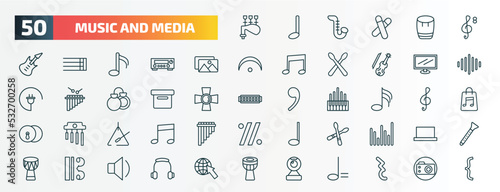 set of 50 special lineal music and media icons. outline icons such as bagpipes, octave clef, album, television screen off, image archive, thirty second note, music triangle, drumstick, alto clef,