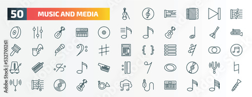 set of 50 special lineal music and media icons. outline icons such as violoncello, stave, dvd disc, balalaika, bass clef, thirty second note rest, segno, whole, octave, jack connector line icons.