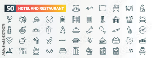 set of 50 special lineal hotel and restaurant icons. outline icons such as suits, lotion, passport, beach, doorknob, smoking, servant, hotel, eating utensils, barbershop line icons.
