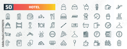 set of 50 special lineal hotel icons. outline icons such as single bed, or, cutlery, frozen yogurt, meal, check out, room key, hotel, agenda, balloon line icons. photo