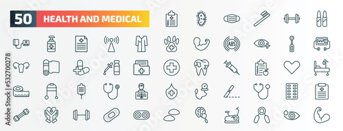 set of 50 special lineal health and medical icons. outline icons such as medical checklist, ampoule, patient robe, electric toothbrush, serum, nutrition, salt, surgery, health care, neurology line