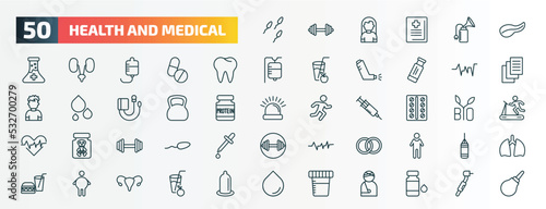 set of 50 special lineal health and medical icons. outline icons such as sperm, pancreas, teeth, beat, kettlebell, contraceptive pills, exercise, rings, fat, urine line icons.