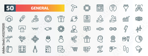 set of 50 special lineal general icons. outline icons such as nail puller, model preparation, gift box with ribbon, marketing strategy, marketing budget, binocular, smart home hub, patience, hob,