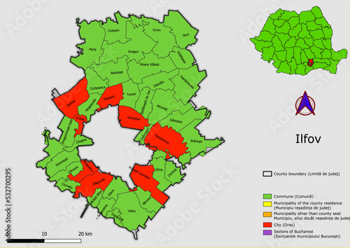 Vector map of the administrative divisions of Ilfov  county with communes, city, municipalities, county seats  