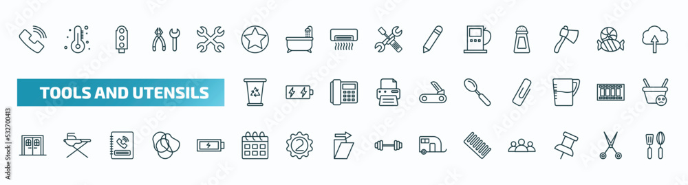 set of 40 special lineal tools and utensils icons. outline icons such as ringing, highlight, fuel oil bomb service, recycling bin, large spoon, doors, calendar with six days, combs, school push pin, set of 40 special lineal tools and utensils icons. outline icons such as ringing, highlight, fuel oil bomb service, recycling bin, large spoon, doors, calendar with six days, combs, school push pin,