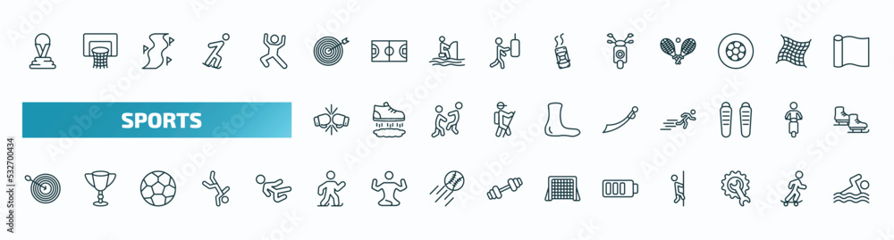 set of 40 special lineal sports icons. outline icons such as world cup, bullseye, motor sports, two boxing gloves, saber, dartboard with dart, ice skating man, batter, equipment, swimming figure