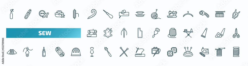 set of 40 special lineal sew icons. outline icons such as water spray, french curve, sewing hine, new sewing hine, spool, pleat, mannequin, patch, sewing clip art, thread line icons. set of 40 special lineal sew icons. outline icons such as water spray, french curve, sewing hine, new sewing hine, spool, pleat, mannequin, patch, sewing clip art, thread line icons.
