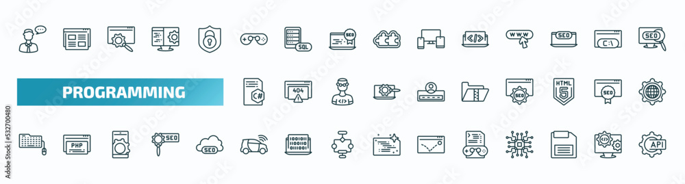 set of 40 special lineal programming icons. outline icons such as seo consulting, console, coding, c sharp, archive, keyboard and mouse, smart car, game development, floppy disk, api line icons.