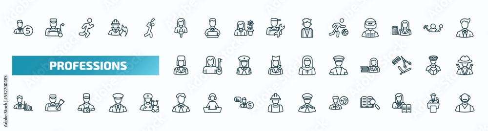 Fototapeta premium set of 40 special lineal professions icons. outline icons such as accountant, journalist, basketball player, stewardess, taxi driver, statistician, office worker, podiatrist, teacher, pensioner line
