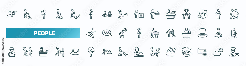 set of 40 special lineal people icons. outline icons such as man with target, man with open lock, working at the office, ski stick man, help the elderly, architech working, playing with a rope, set of 40 special lineal people icons. outline icons such as man with target, man with open lock, working at the office, ski stick man, help the elderly, architech working, playing with a rope,