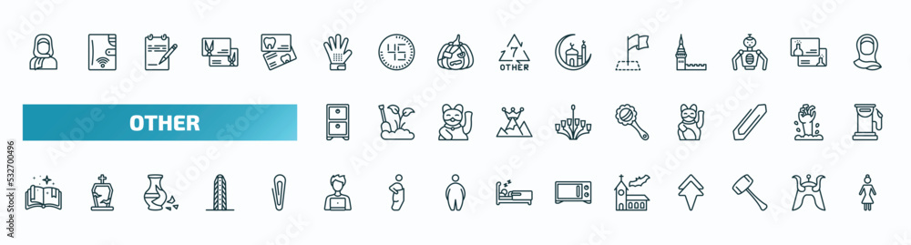 set of 40 special lineal other icons. outline icons such as arab woman with hijab, grooming glove, milestone, small shelf, baby's rattle, speell book, it specialist, church with bats, mallet, set of 40 special lineal other icons. outline icons such as arab woman with hijab, grooming glove, milestone, small shelf, baby's rattle, speell book, it specialist, church with bats, mallet,