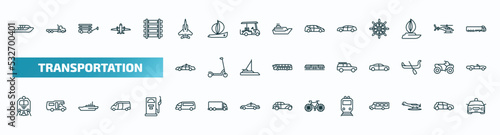 set of 40 special lineal transportation icons. outline icons such as yacht, army airplane, automobile, police car, off road, train front, minibus, metro, hydroplane, taxi line icons.