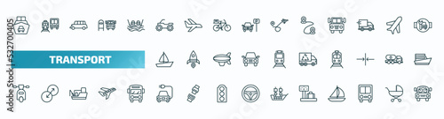set of 40 special lineal transport icons. outline icons such as ferry carrying cars, quad bike, way, sail boat, recycling truck, motorbike, electric car, airport checking, public transport, school