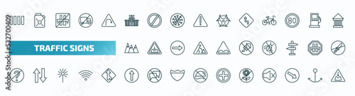 set of 40 special lineal traffic signs icons. outline icons such as crossing, police station, curves, hill, no fireworks, no doubt, ahead only, no picking flowers, keep right, pothole line icons.