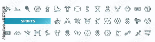 set of 40 special lineal sports icons. outline icons such as motocross, roller skate, pencak silat, horseback, ninja shuriken, hockey arena, brazilian, third, weighted bars, scuba diving line icons.