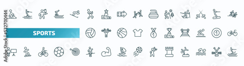 set of 40 special lineal sports icons. outline icons such as person riding on sleigh, man playing volleyball, adventure, volleyball, podium with cup, training, man balancing, tower from a chess,