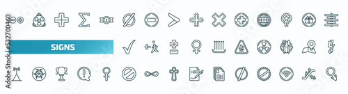 set of 40 special lineal signs icons. outline icons such as mathematical, empty, add, tick, fire hazard, wireless receptor, no, empty, wireless network, male gender line icons.